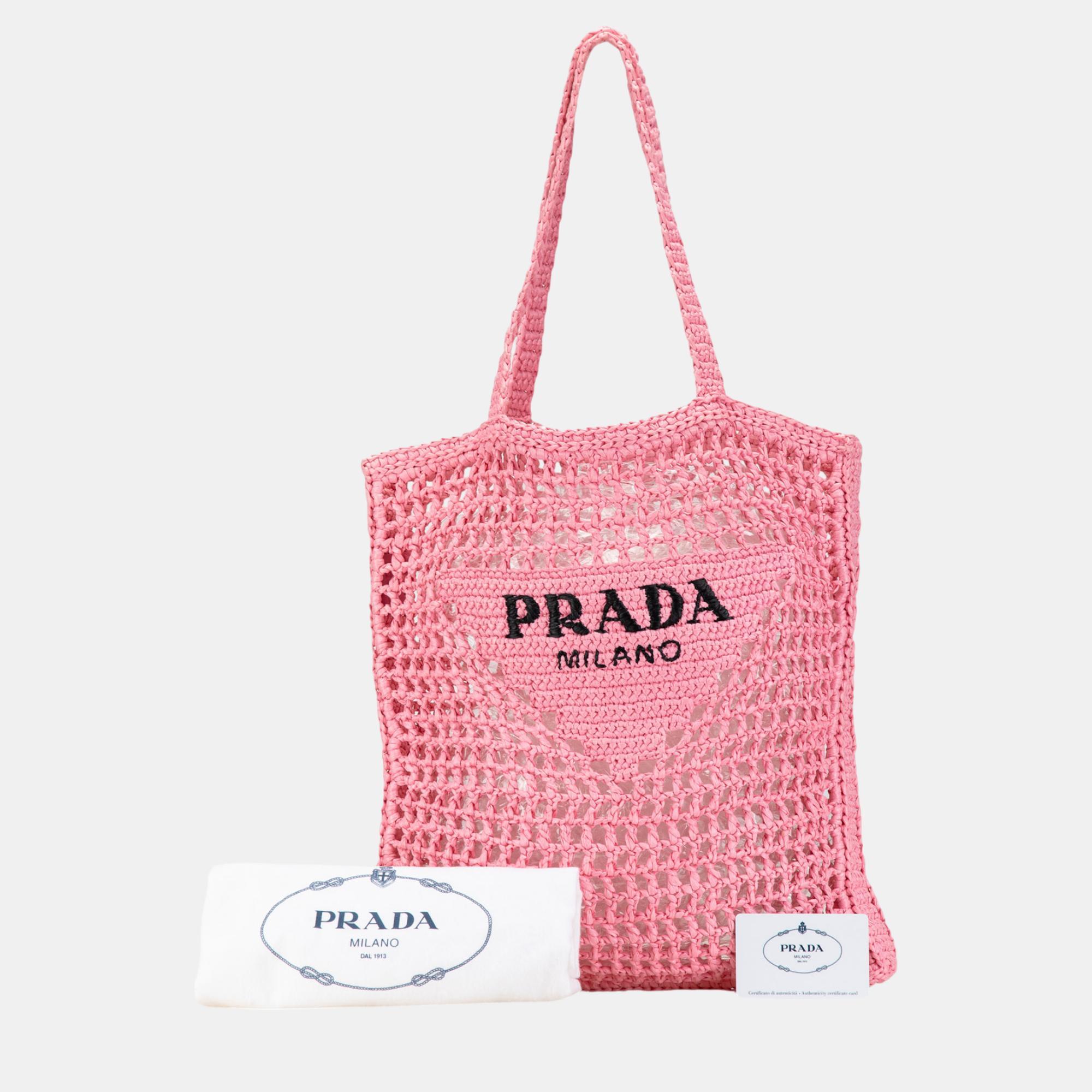 Prada Pink Crochet Raffia Logo Tote