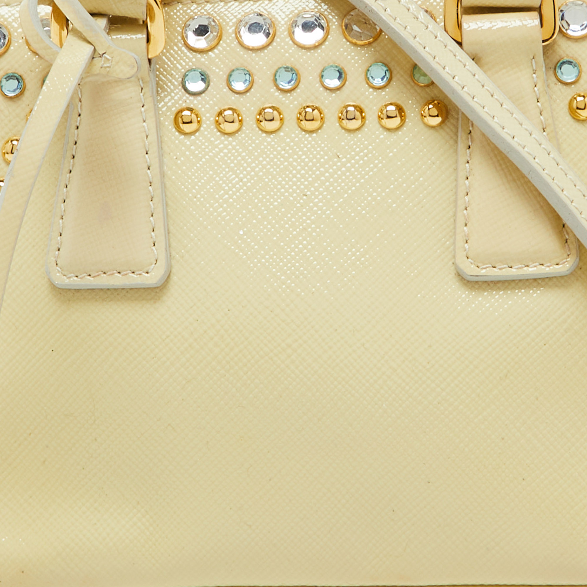 Prada Cream Saffiano Patent Leather Crystal Embellished Pyramid Frame Satchel