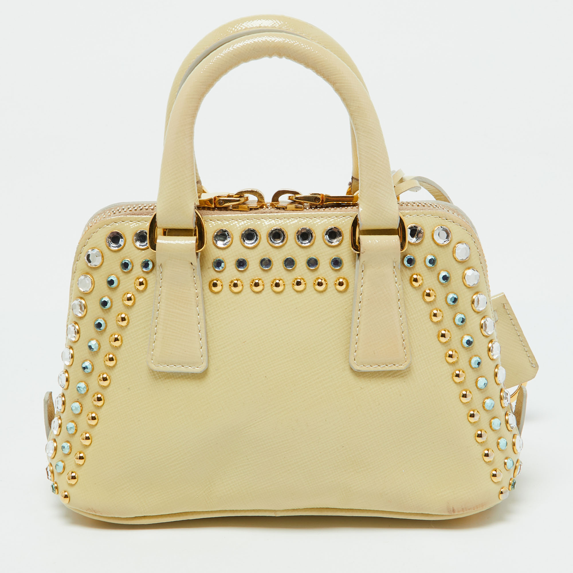 Prada Cream Saffiano Patent Leather Crystal Embellished Pyramid Frame Satchel