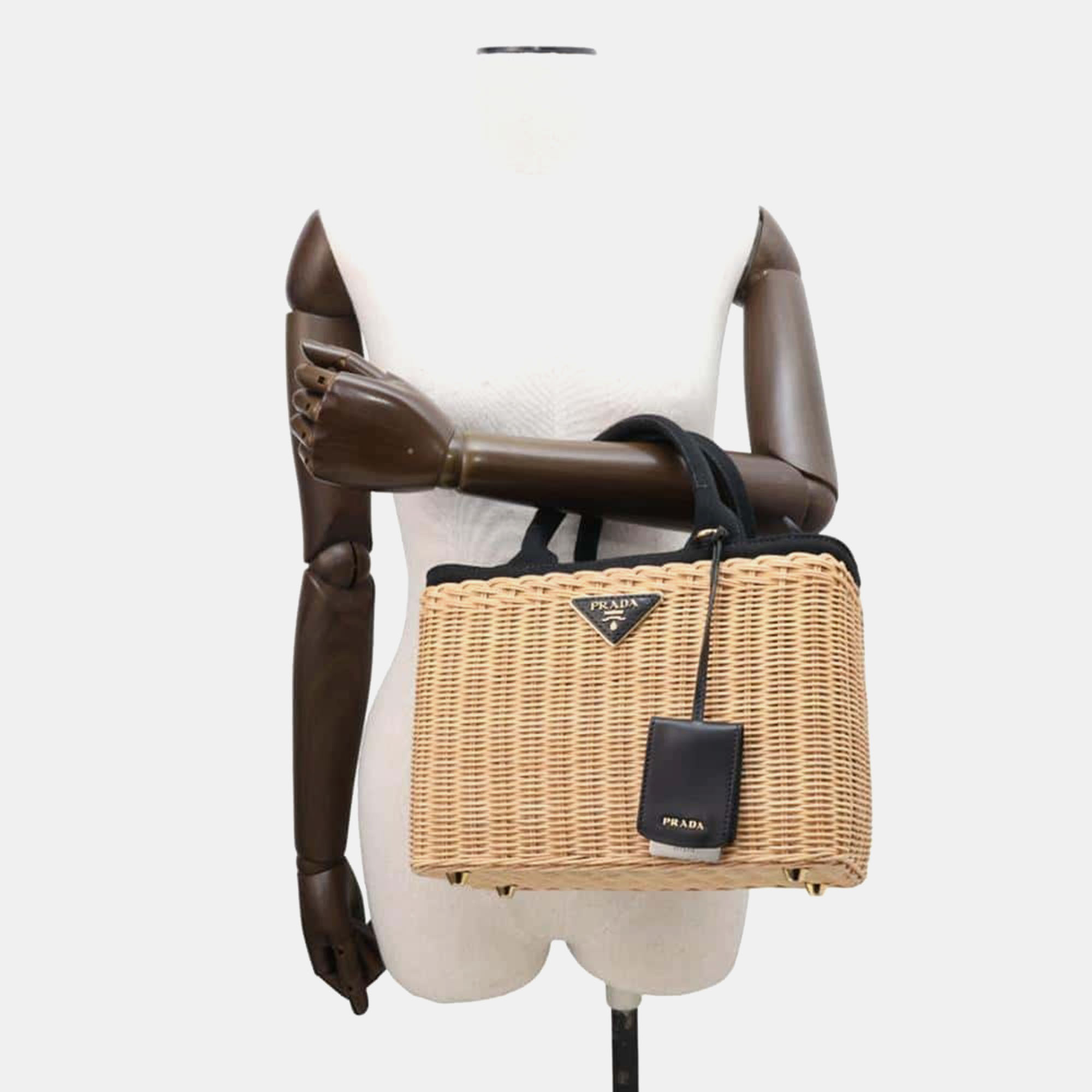 Prada Beige/Black Straw Canvas Wicker Basket Bag