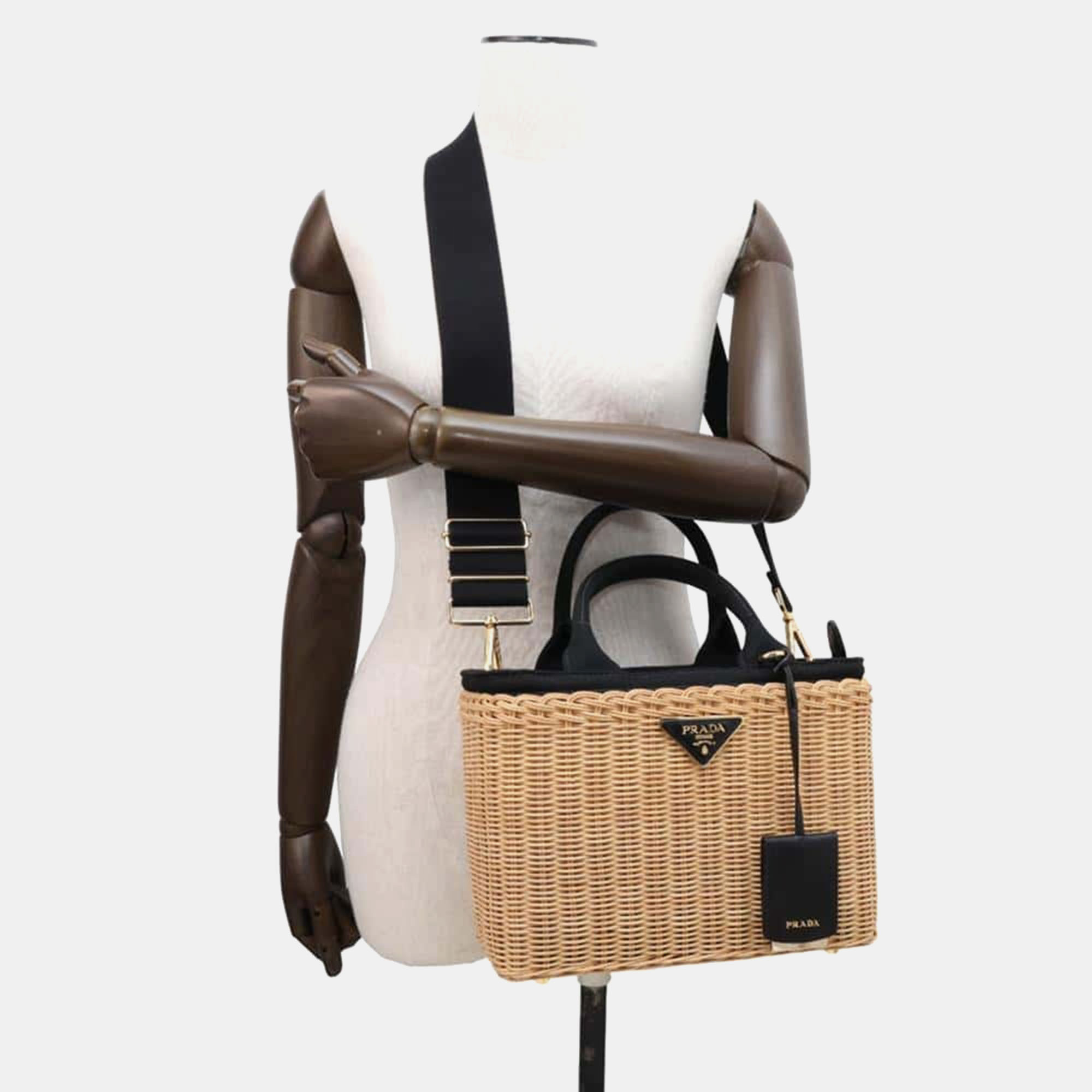 Prada Beige/Black Straw Canvas Wicker Basket Bag