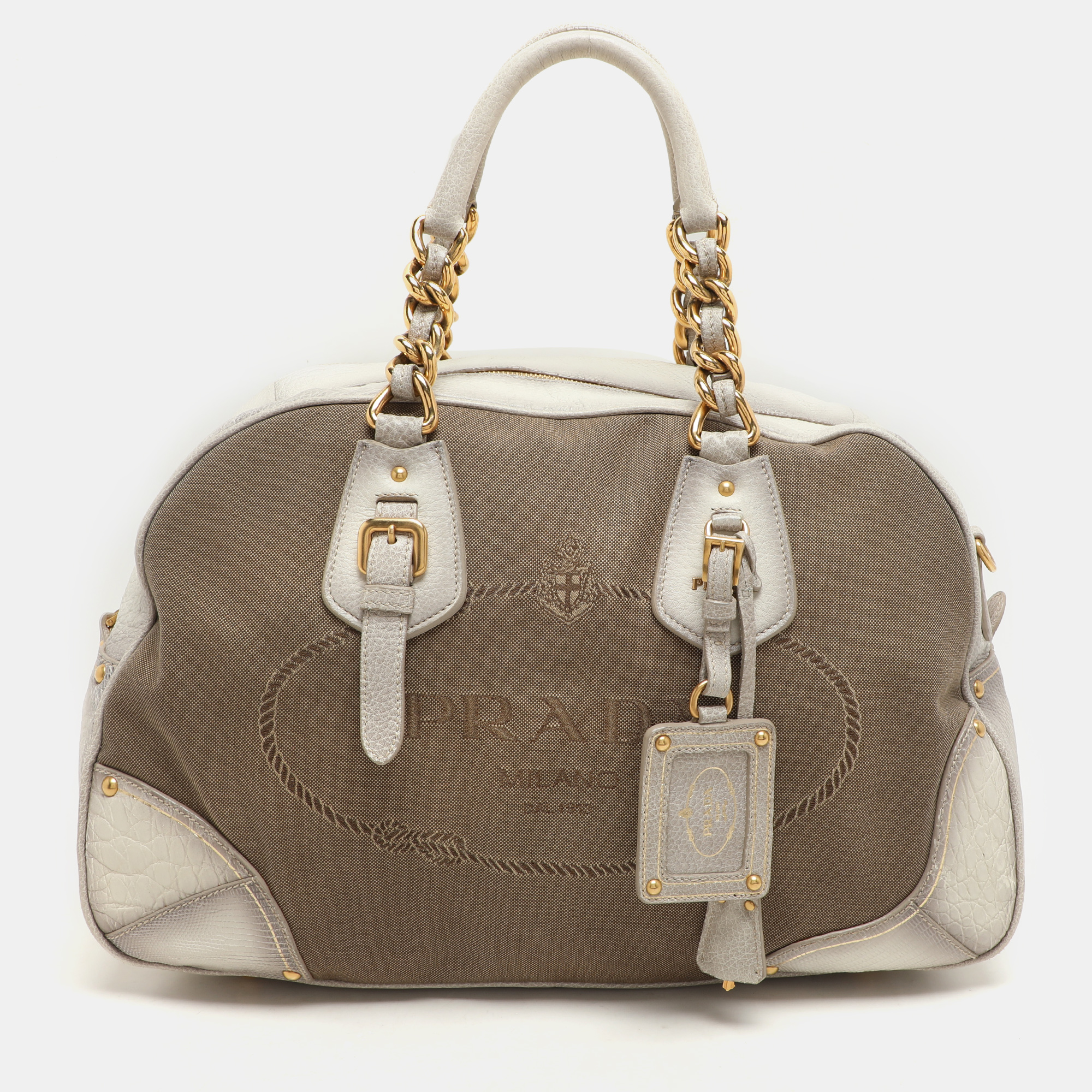 Prada Beige/Grey Jacquard Logo and Leather Fringe Corda Talco Bowling Bag
Prada Beige/Grey Jacquard Logo and Leather Fringe Corda Talco Bowling Bag