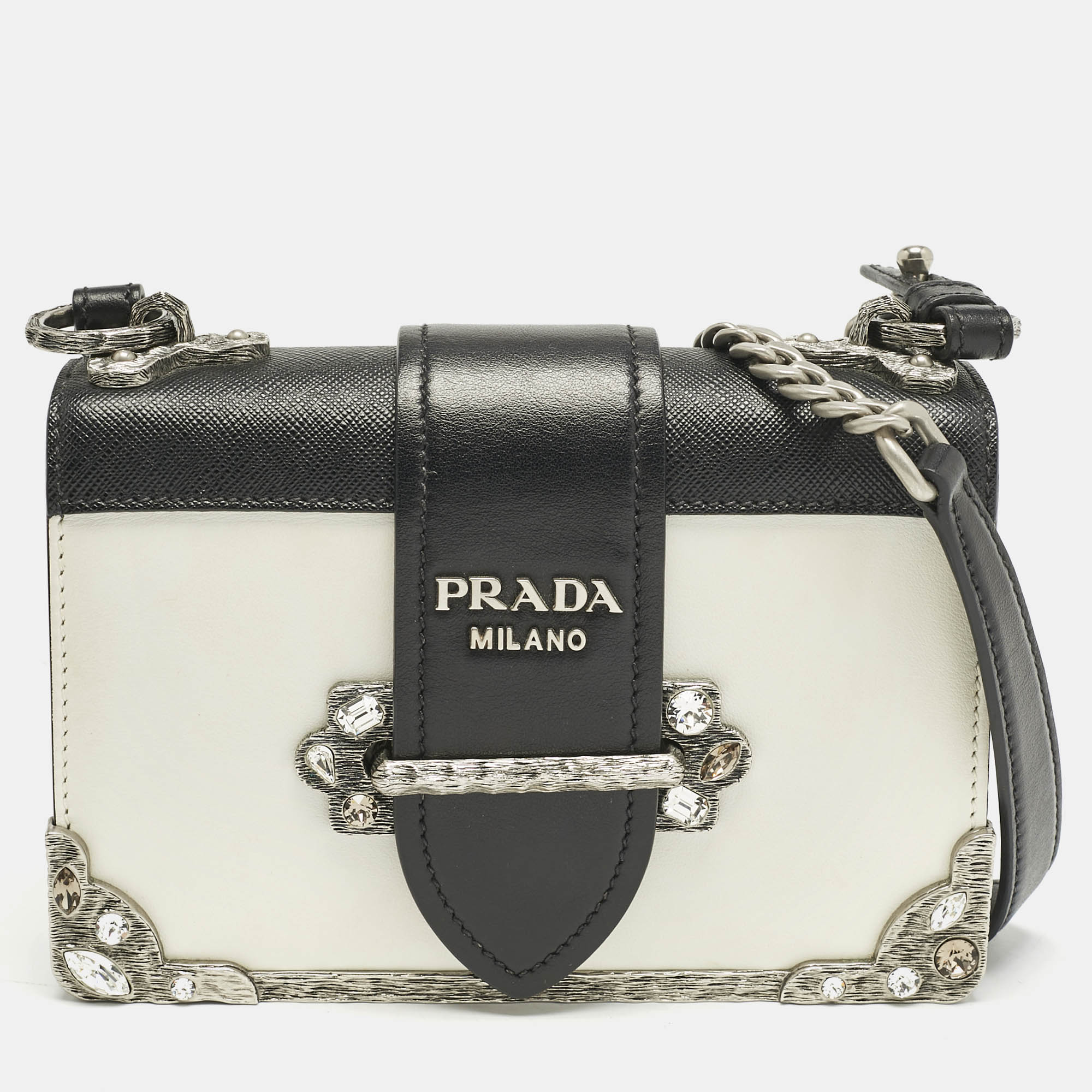Prada White/Black Saffiano and Leather Crystal Embellished Cahier Crossbody Bag
Prada White/Black Saffiano and Leather Crystal Embellished Cahier Crossbody Bag