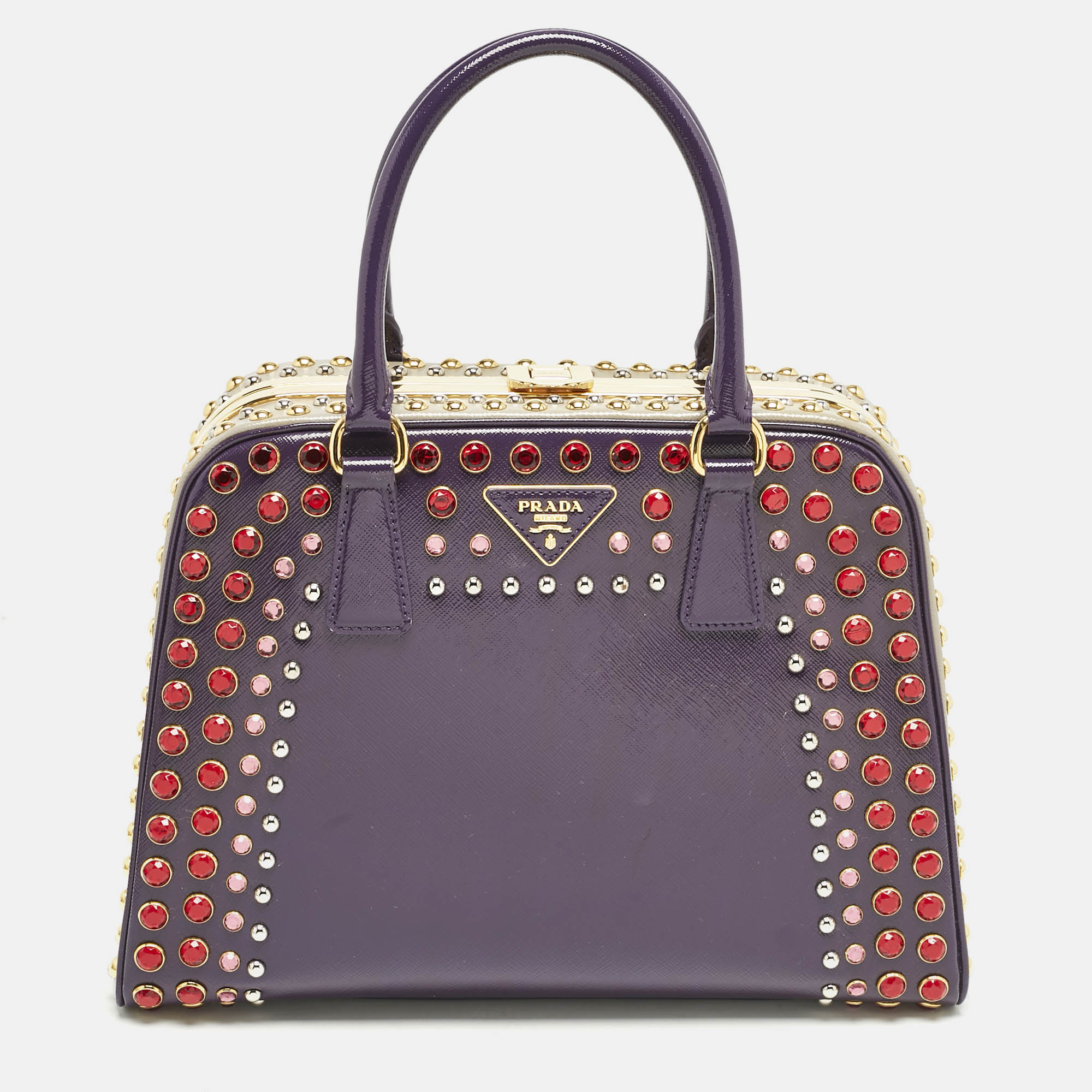Prada Purple/Grey Saffiano Patent Leather Studded Pyramid Frame Satchel
Prada Purple/Grey Saffiano Patent Leather Studded Pyramid Frame Satchel