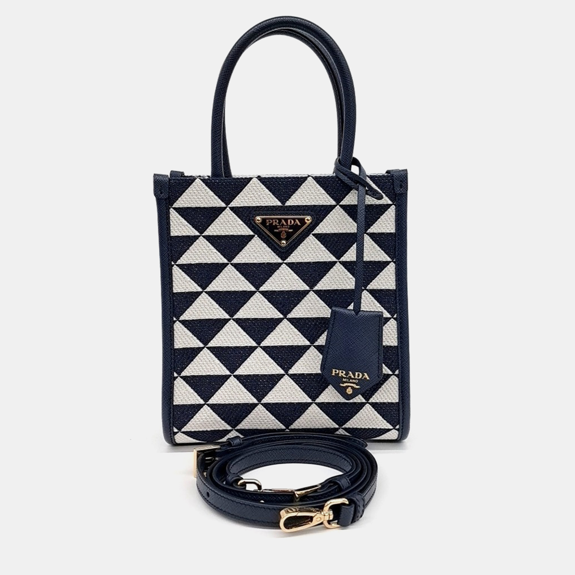 Prada Navy Blue Fabric Symbol Jacquard Mini Tote and Crossbody Bag
Prada Navy Blue Fabric Symbol Jacquard Mini Tote and Crossbody Bag