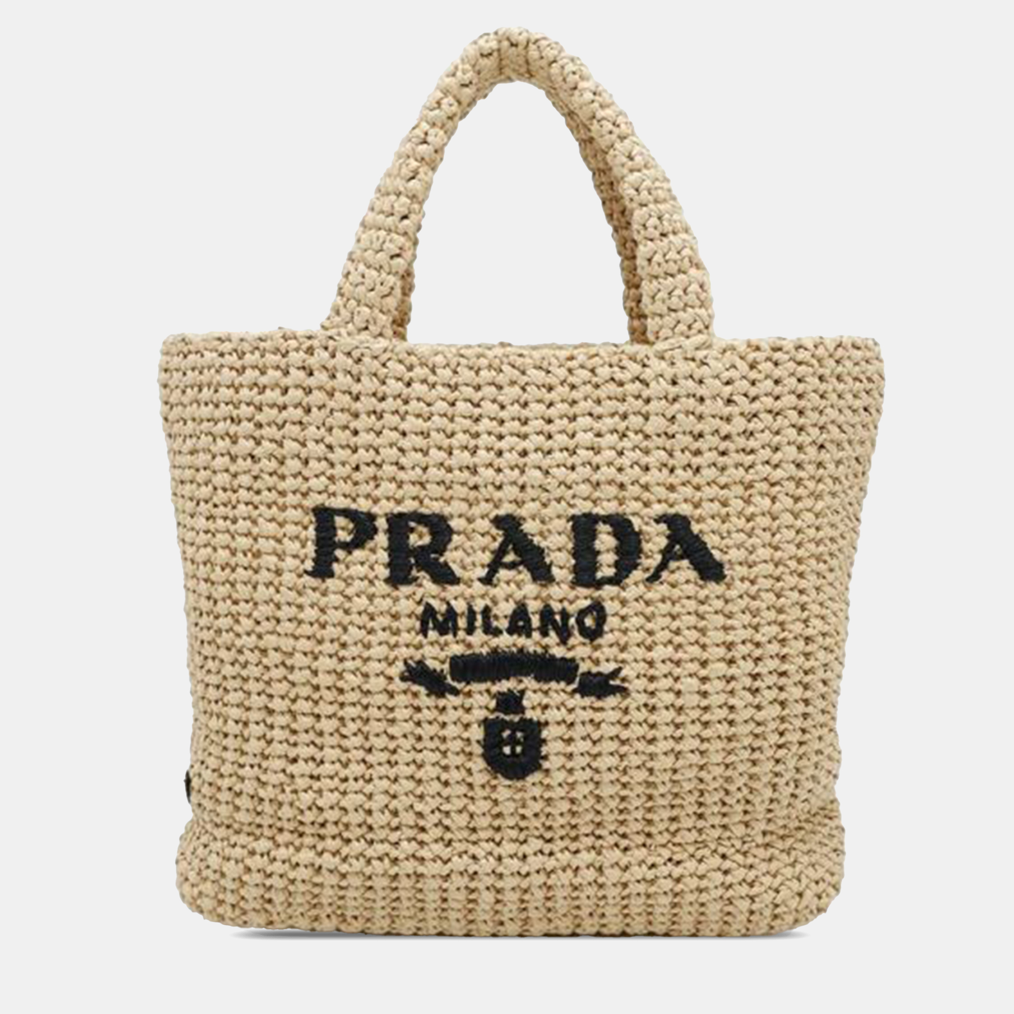 Prada Beige Small Raffia Effect Crochet Embroidered Logo Tote
Prada Beige Small Raffia Effect Crochet Embroidered Logo Tote