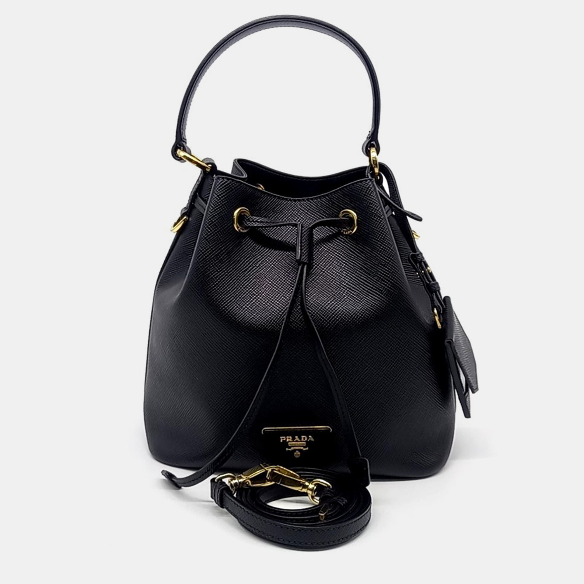 Prada Black Leather Saffiano Bucket Bag