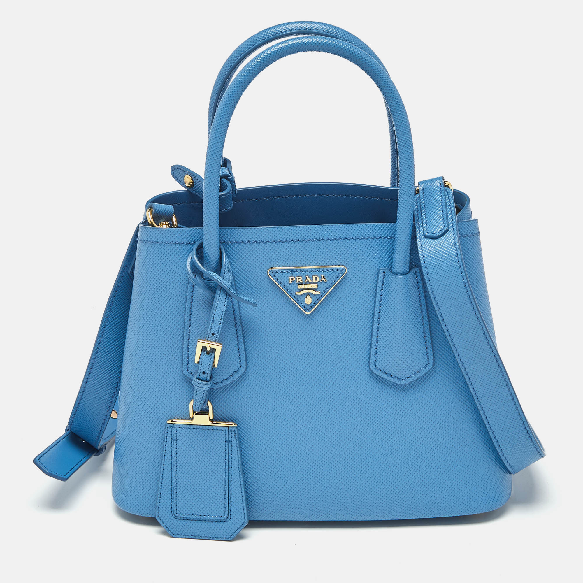Prada Blue Saffiano Cuir Leather Mini Double Handle Tote - Prada - Modalova