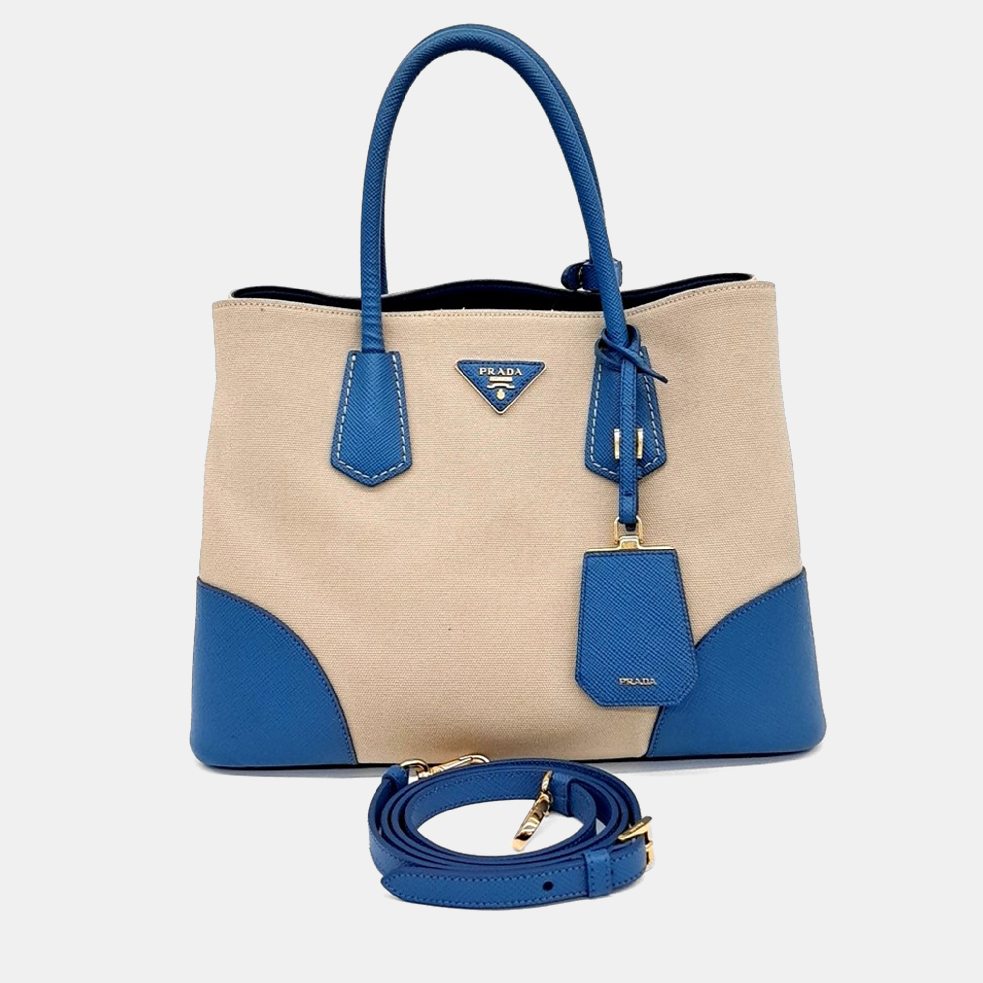 Prada Beige Blue Canvas and Saffiano Leather Canappa Saffiano Double Tote and Shoulder Bag - Prada - Modalova