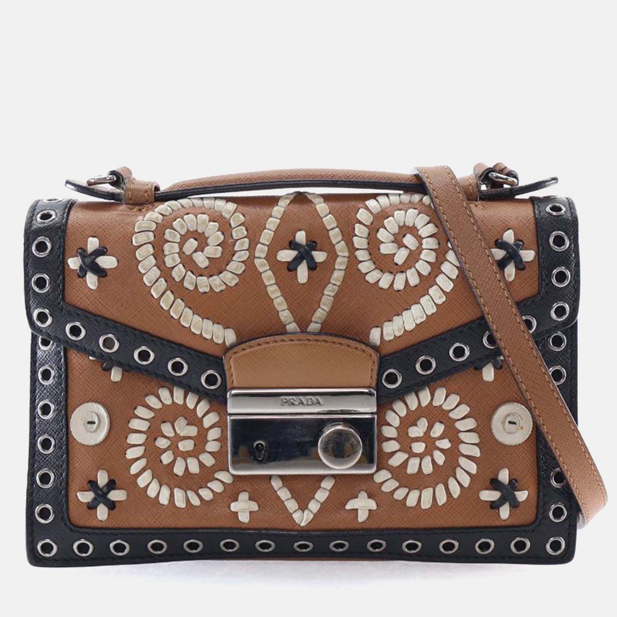 Prada Black/Brown Saffiano Embroidered Pattina Crossbody Bag
Prada Black/Brown Saffiano Embroidered Pattina Crossbody Bag