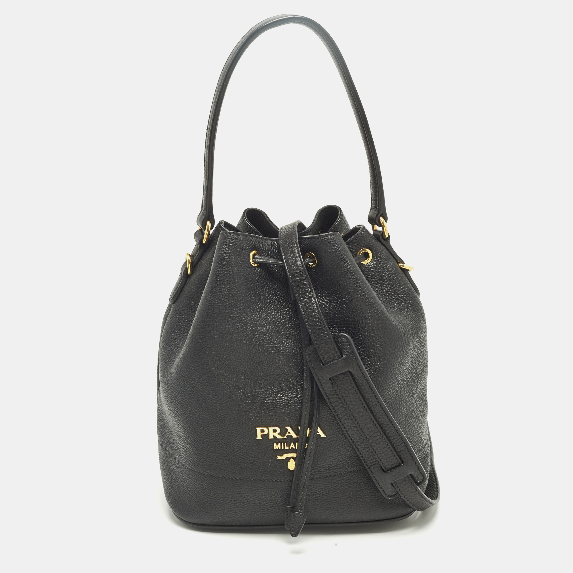 Prada Black Leather Drawstring Bucket Bag
Prada Black Leather Drawstring Bucket Bag