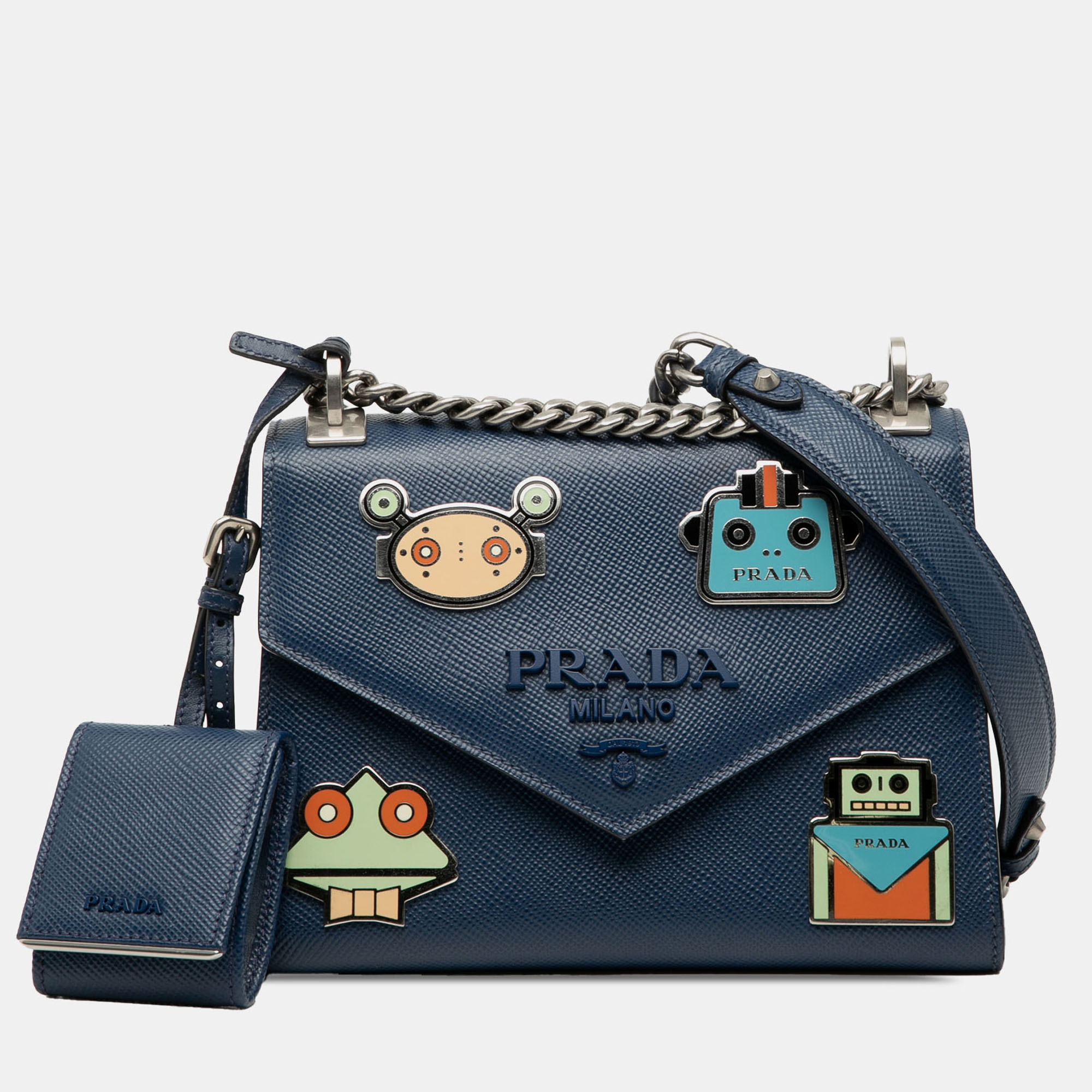 Prada Blue Saffiano Cuir Monochrome Robot Patches Envelope Chain Flap
Prada Blue Saffiano Cuir Monochrome Robot Patches Envelope Chain Flap
