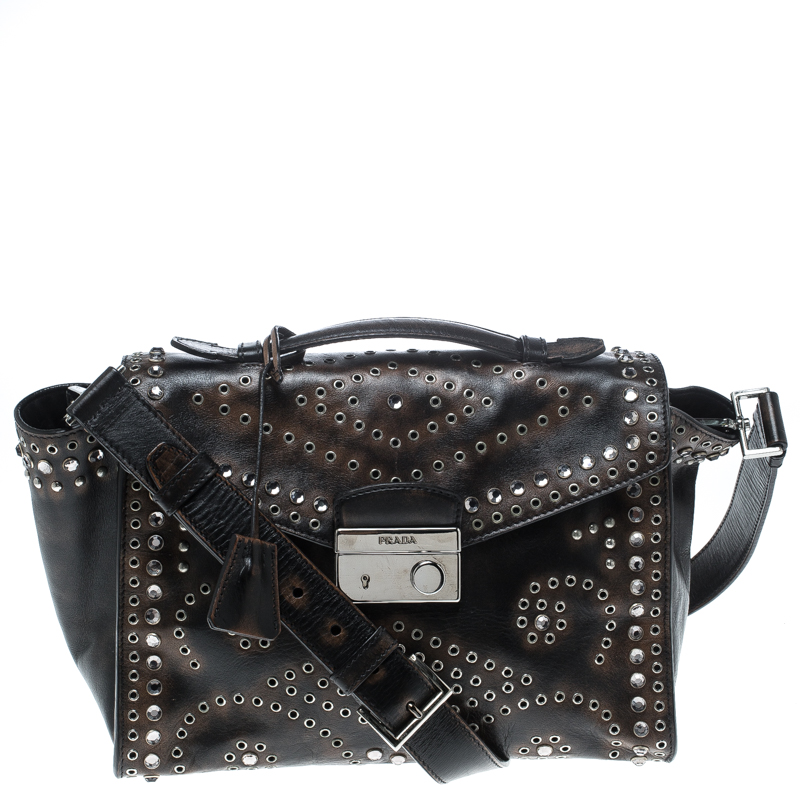 Prada dark brown vitello vintage leather eyelet crystal embellished top handle bag