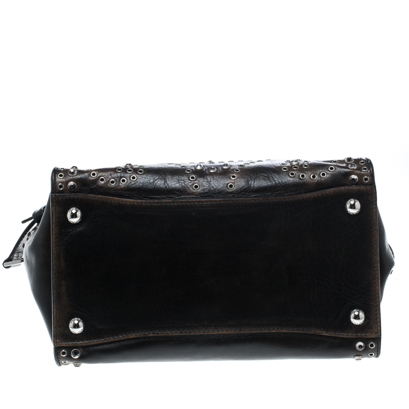 Prada Dark Brown Vitello Vintage Leather Eyelet Crystal Embellished Top Handle Bag