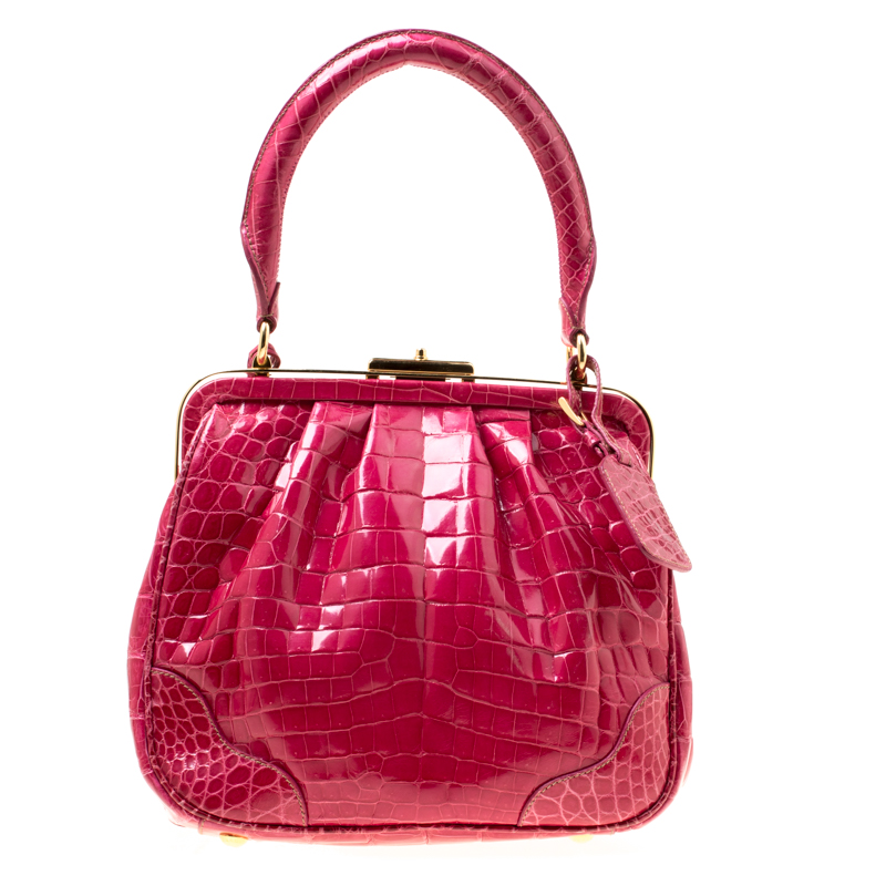 Prada Pink Crocodile Frame Top Handle Bag