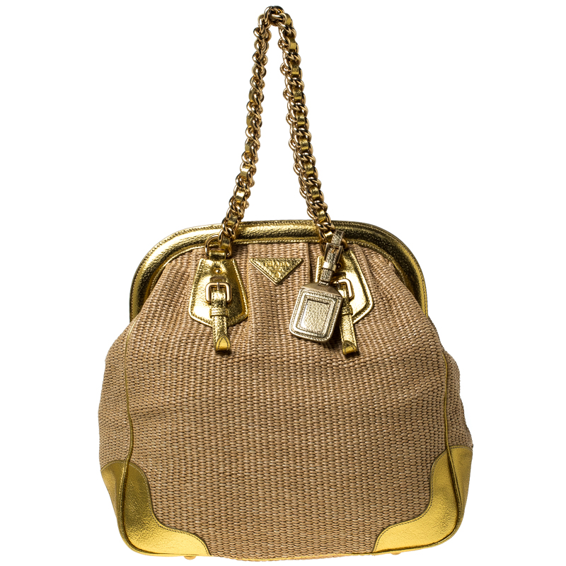 Image of Prada Beige/Gold Woven Raffia and Leather Frame Satchel