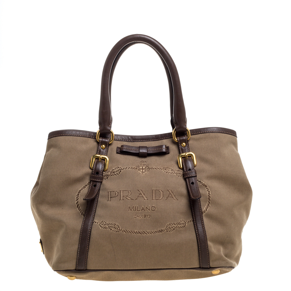 Image of Prada Beige/Brown Jacquard Logo Canvas and Leather Bow Shoulder Bag