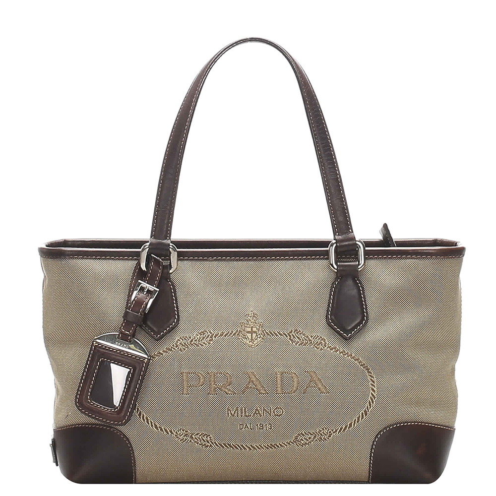 Image of Prada Beige/Brown Canvas Canapa Logo Shoulder Bag
