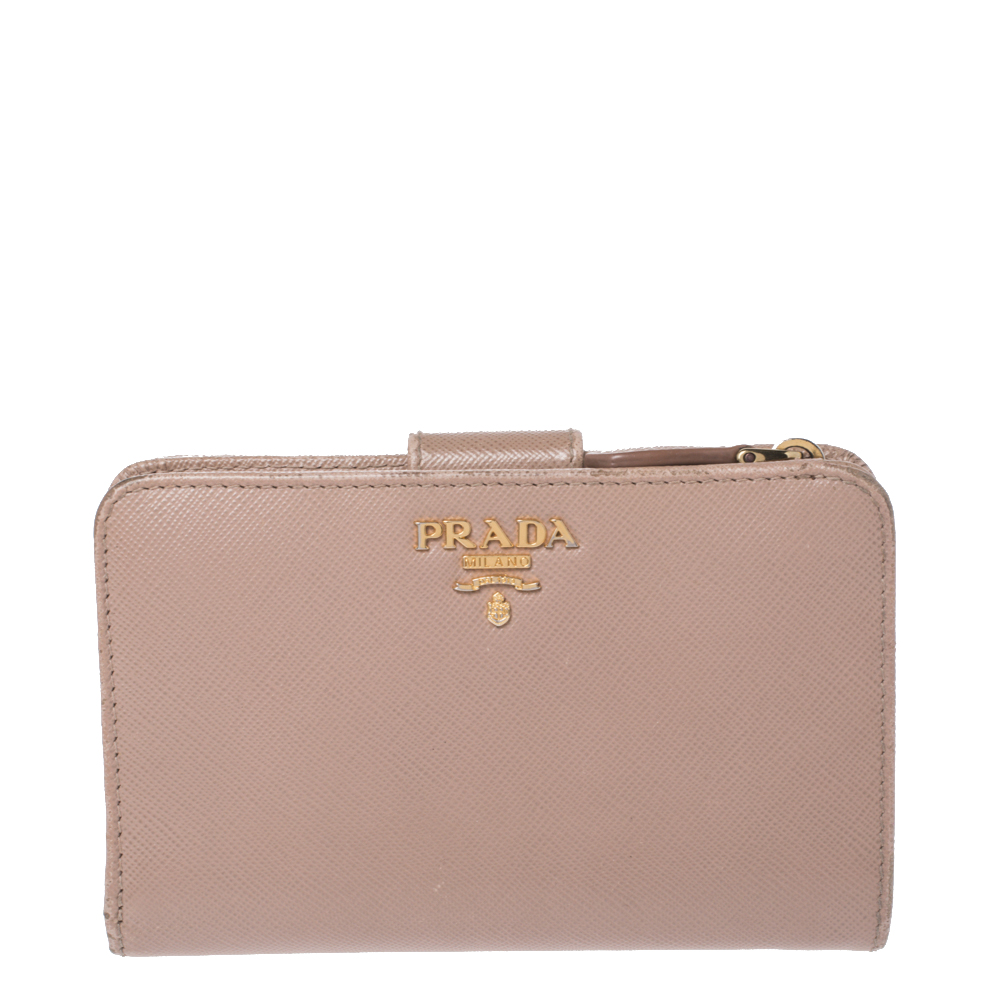 Image of Prada Beige Saffiano Lux Leather Zip Around Compact Wallet