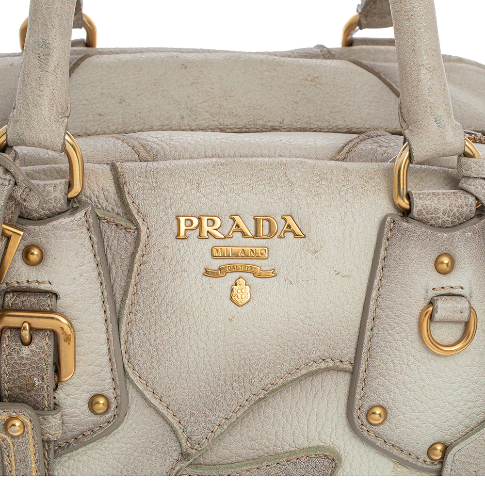 Prada White Ombre Deerskin Leather, Croco And Lizard Trim Patchwork Cervo Bowler Bag