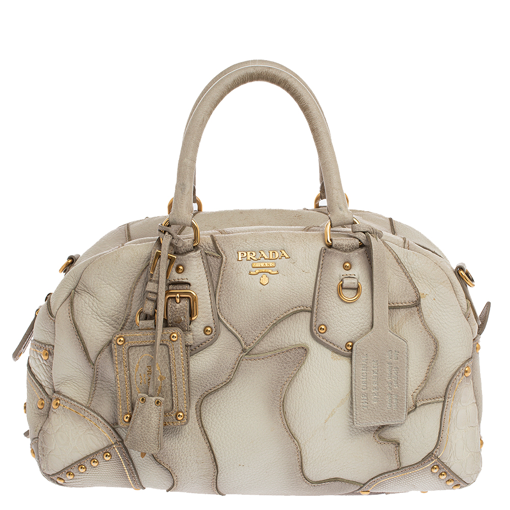 Prada White Ombre Deerskin Leather, Croco And Lizard Trim Patchwork Cervo Bowler Bag