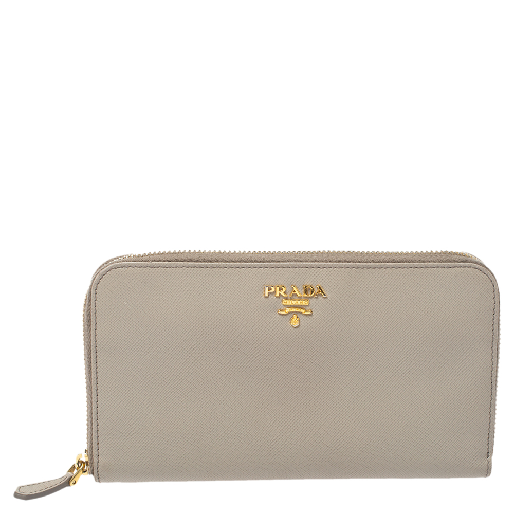 Image of Prada Beige Saffiano Lux Leather Zip Around Continental Wallet