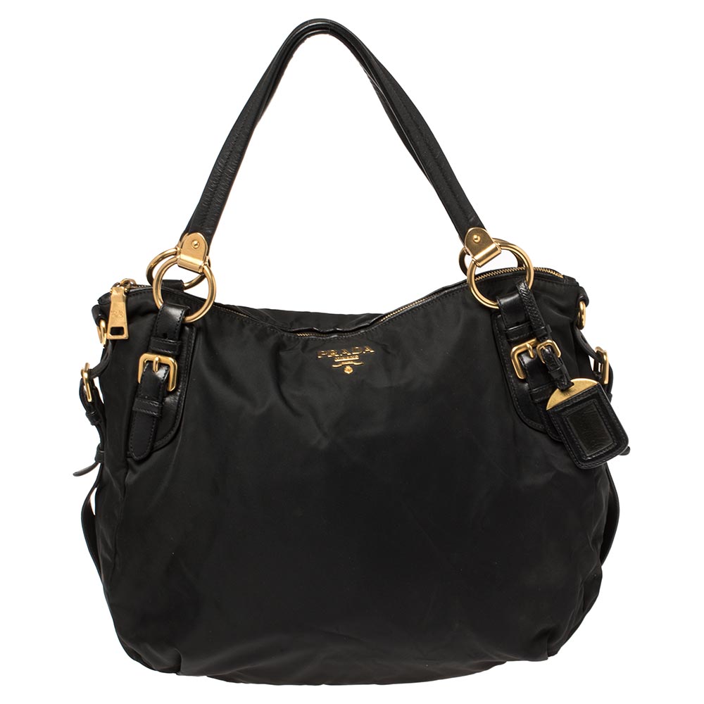 Image of Prada Black Nylon and Leather Zip Shoulder Bag