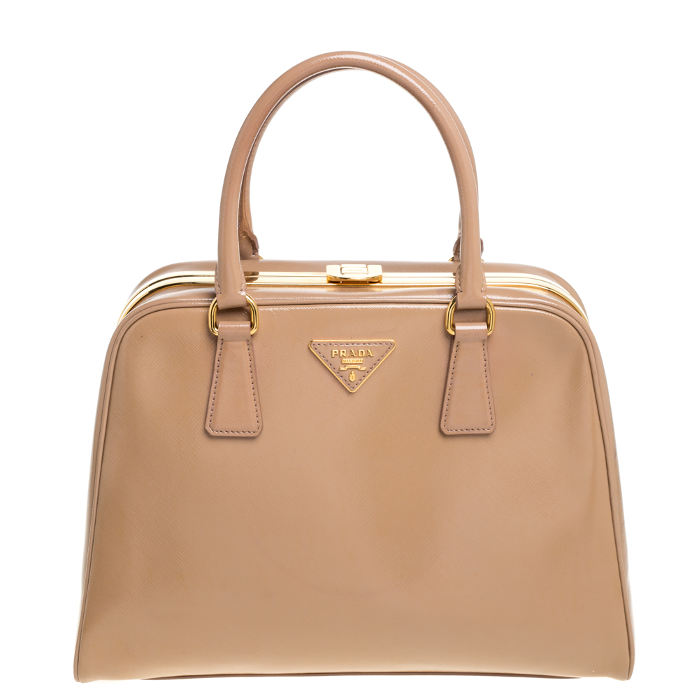 Image of Prada Beige Patent Leather Pyramid Frame Satchel