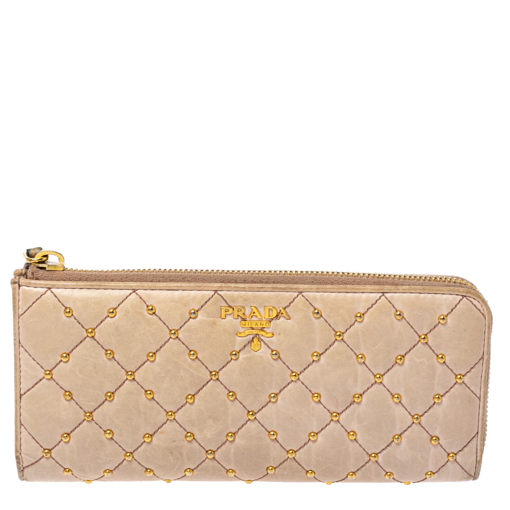 Image of Prada Beige Leather Studded Zip Around Wallet