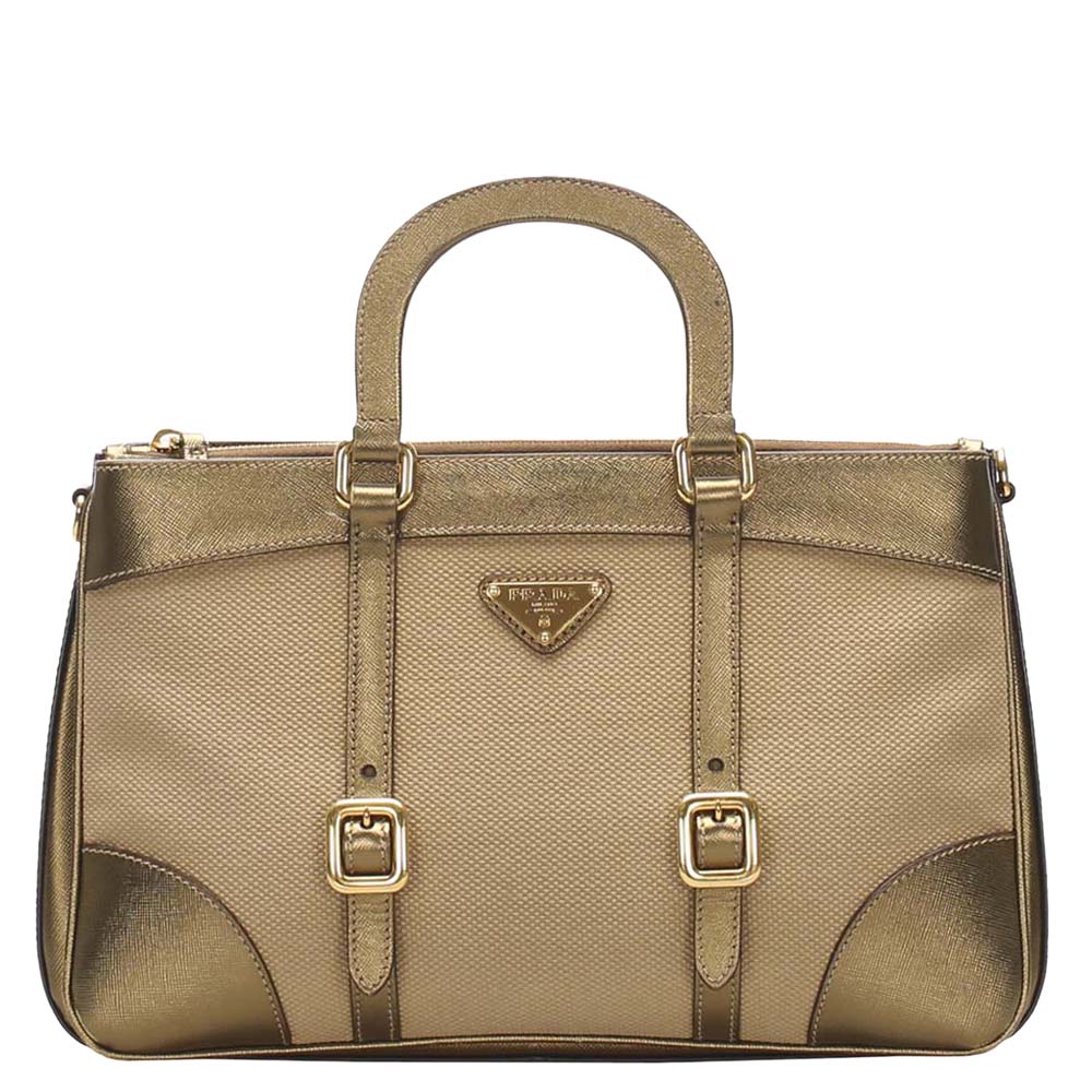 Image of Prada Beige Leather trimmed Canvas Tessuto Satchel Bag