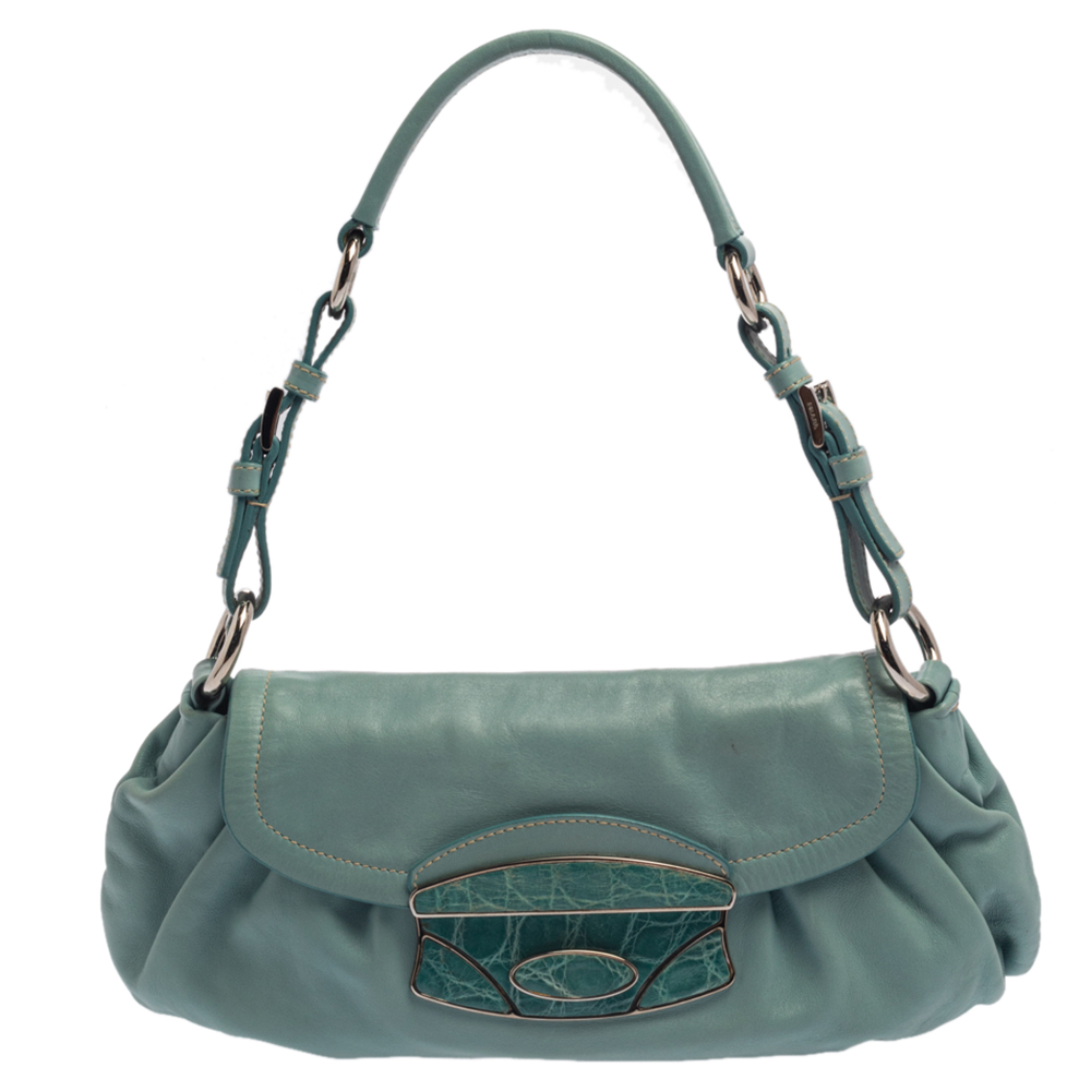 Prada Turquoise Leather and Crocodile Trim Pushlock Flap Baguette Bag