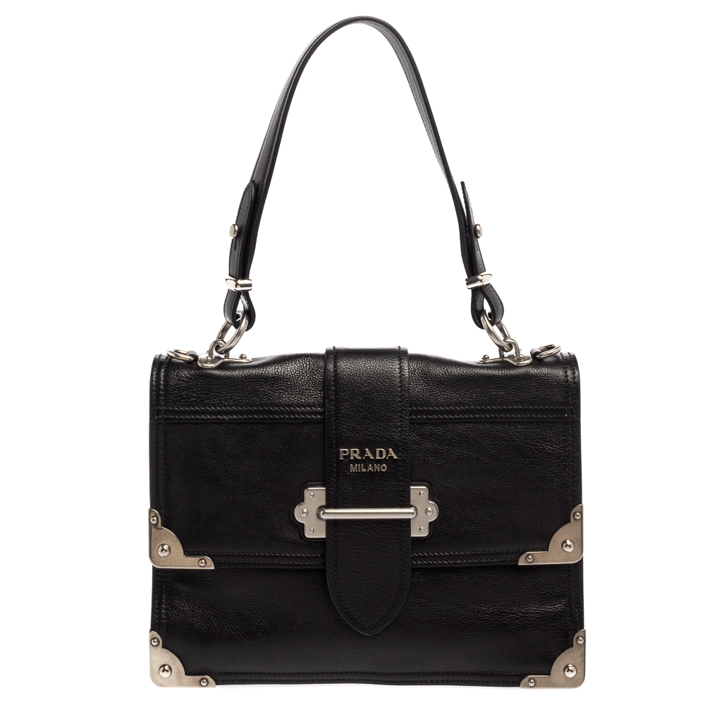 Prada Black Soft Leather Cahier Top Handle Bag