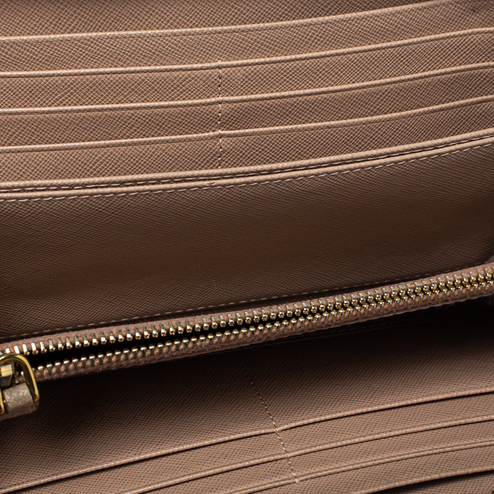 Prada Beige Saffiano Leather Bow Zip Around Wallet