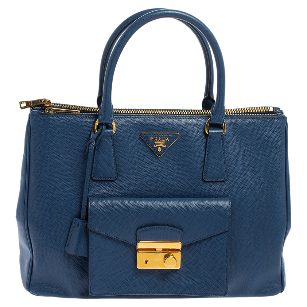 Prada Blue Saffiano Leather Front Pocket Double Zip Lux Tote