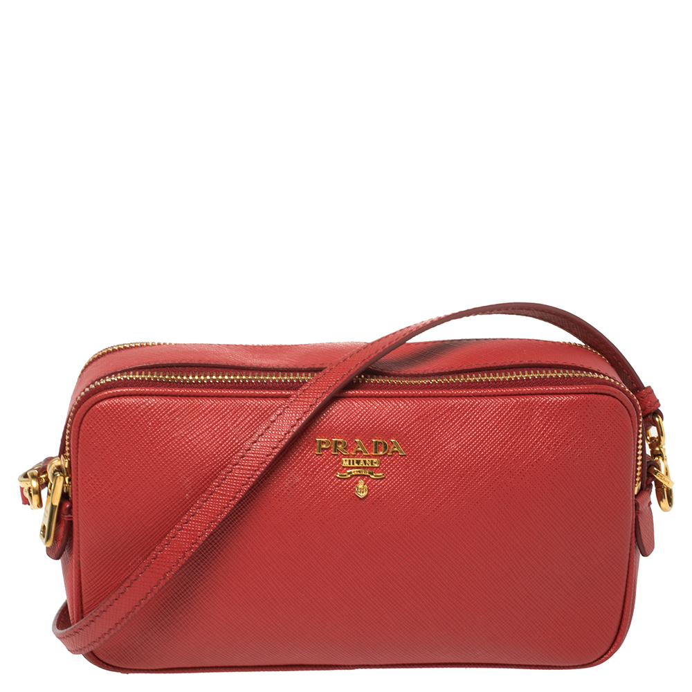 Prada Red Saffiano Leather Double Zip Crossbody Bag