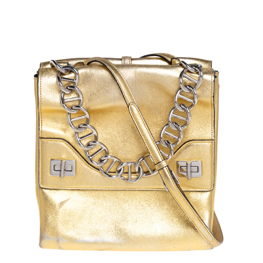 Prada Gold Leather Double Flap Turn Lock Shoulder Bag