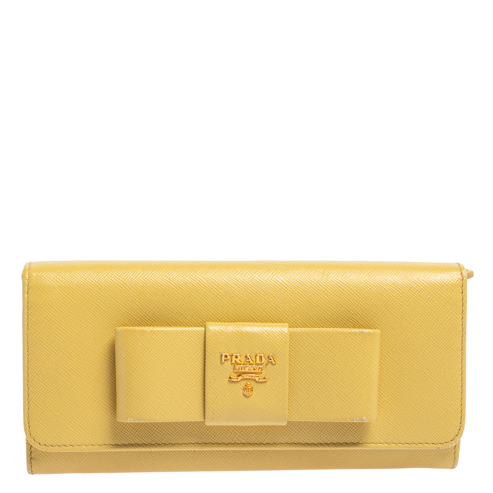 Prada Yellow Saffiano Fiocco Leather Bow Continental Wallet