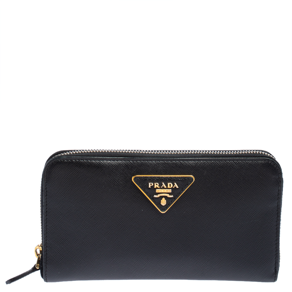 Prada Black Saffiano Lux Leather Zip Around Wallet