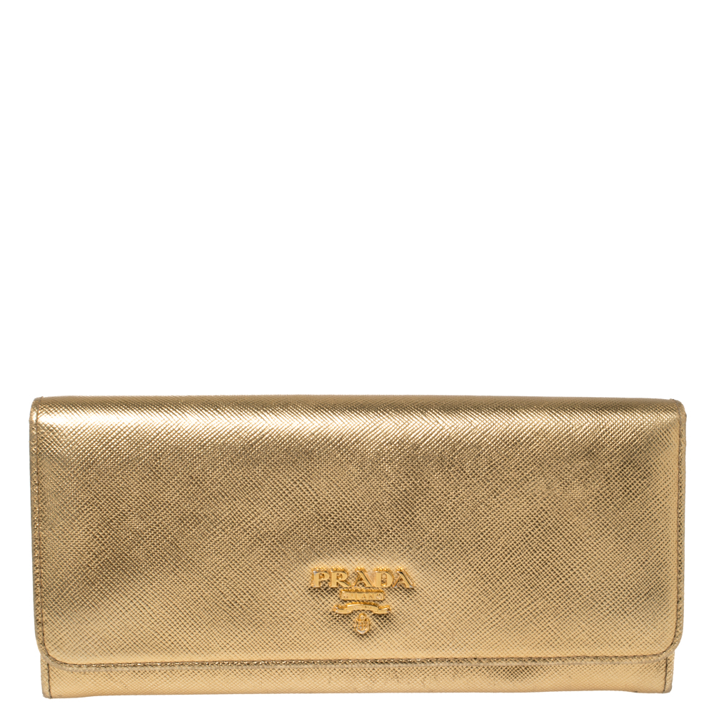 Prada Metallic Gold Saffiano Leather Flap Continental Wallet