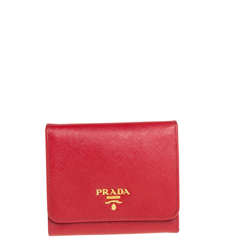 Prada Red Saffiano Leather Tri Fold Wallet