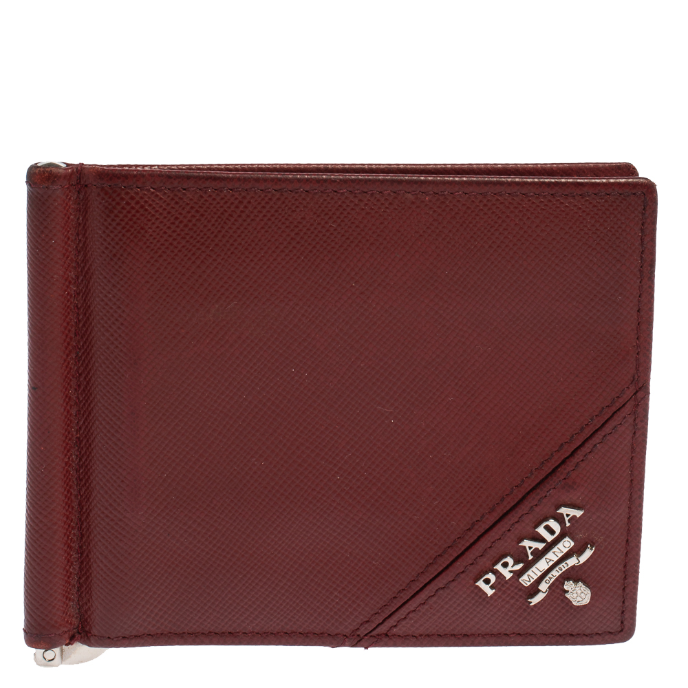 Prada Red Saffiano Lux Leather Money Clip Bifold Wallet