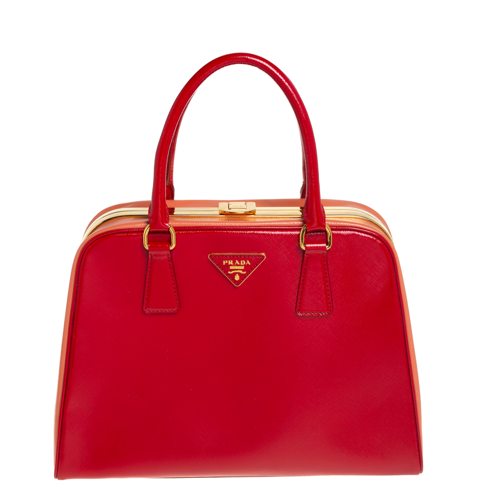Prada Red/Orange Saffiano Parent Leather Pyramid Frame Top Handle Bag