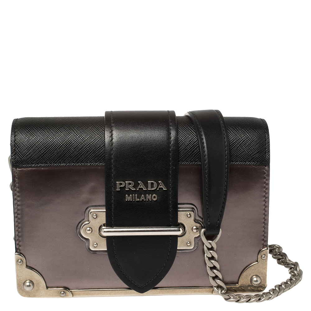 Prada Black/Metallic Saffiano Lux and Patent Leather Cahier Shoulder Bag