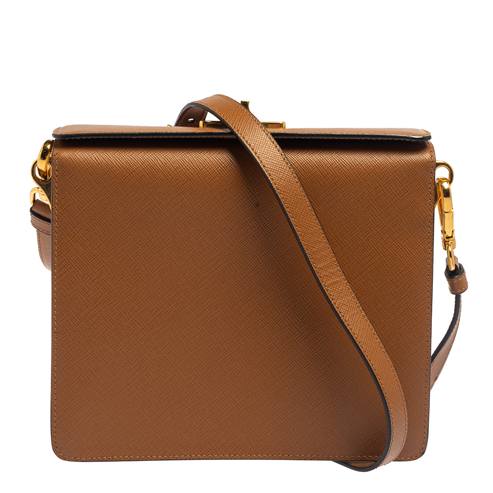 Prada Brown/White Saffiano Leather Box Shoulder Bag