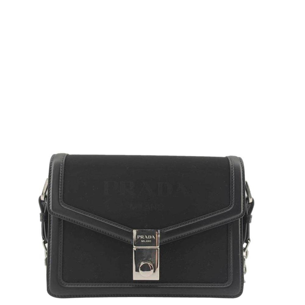 Prada Black Leather Logo Chain Flap Bag