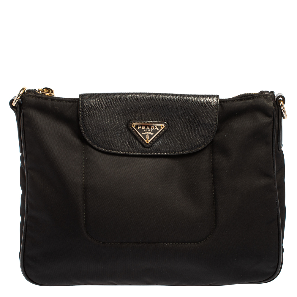 Prada Black Nylon and Leather Flap Crossbody Bag