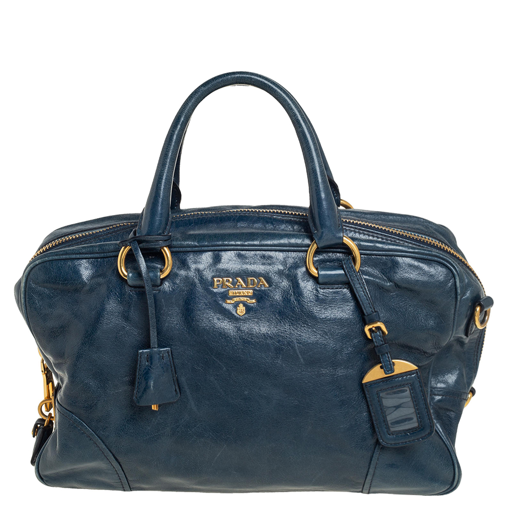 Prada Dark Teal Blue Vitello Shine Leather Boston Bag