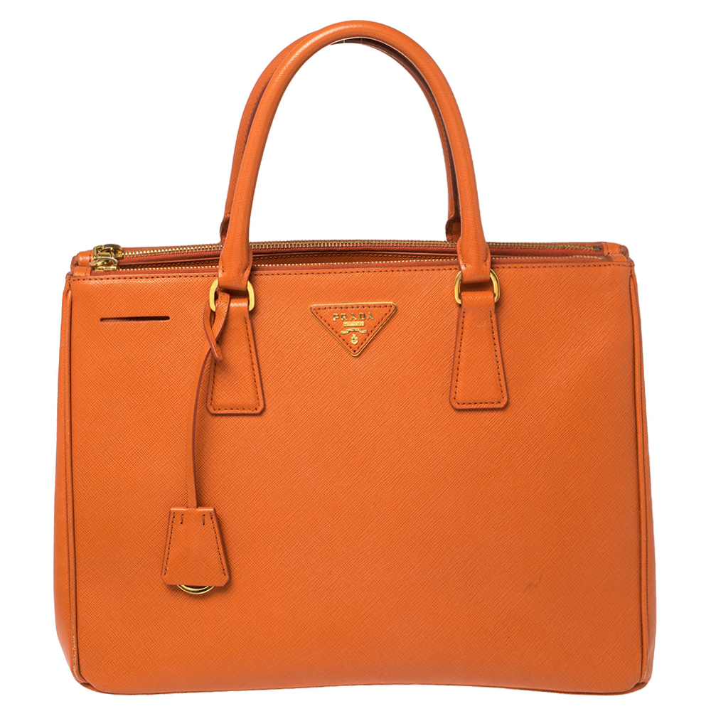 Prada Orange Saffiano Lux Leather Medium Galleria Double Zip Tote