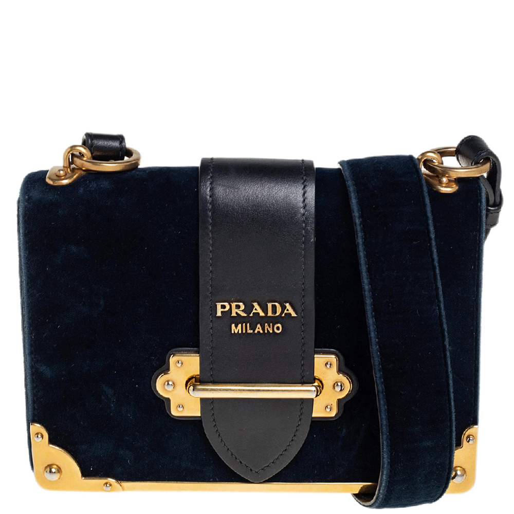 Prada Teal Blue/Black Velvet and Leather Cahier Shoulder Bag