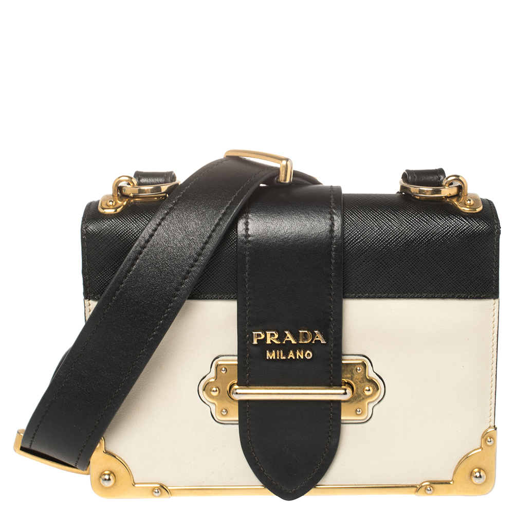 Prada Black/White Leather Cahier Shoulder Bag
